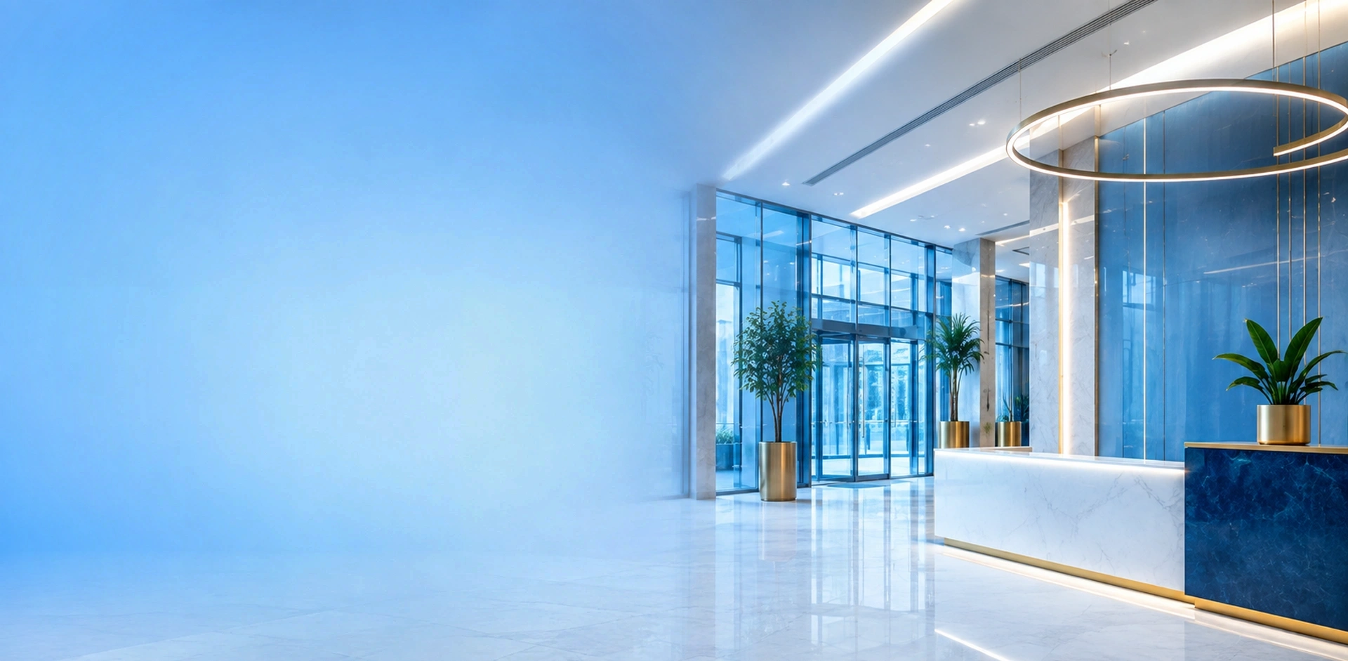 A luminous premium corporate lobby with clean architectural lines, glass and refined golden accents